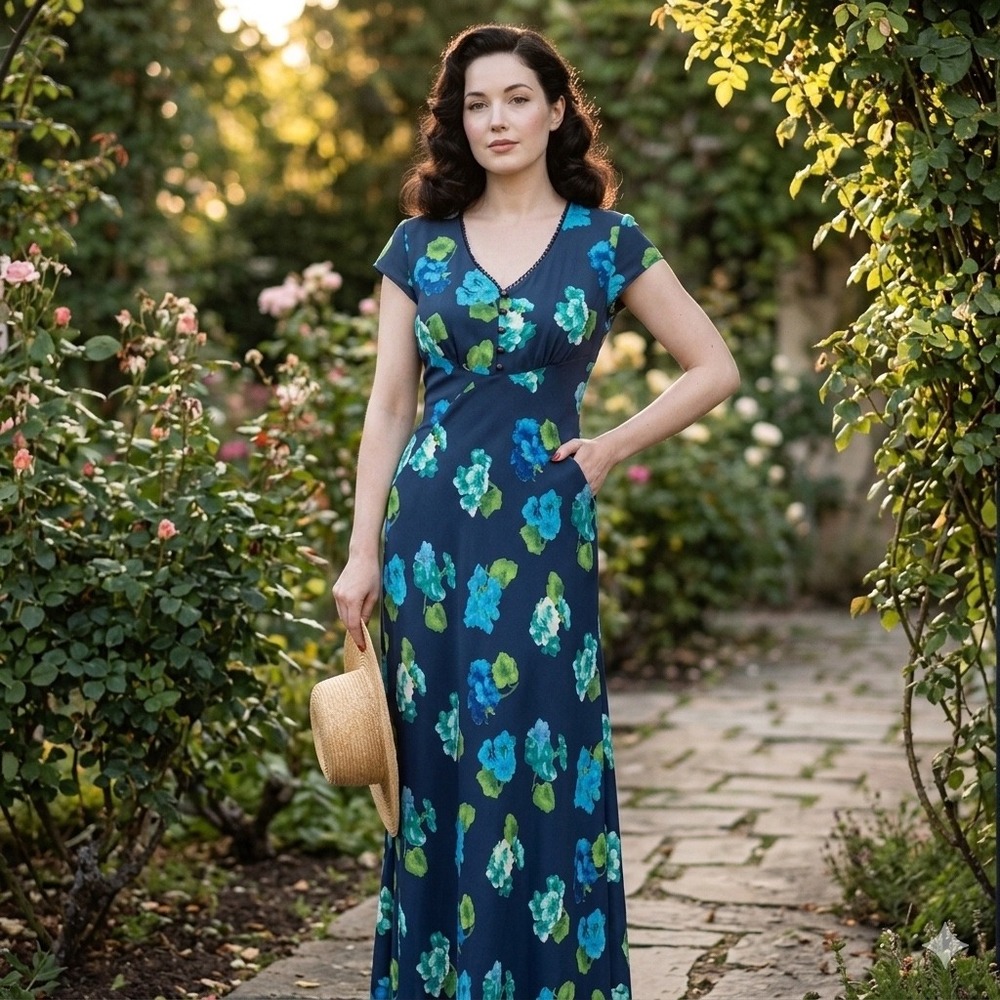 Vintage CDC Evening Caren Desiree Womens Size 8 Floral Maxi Dress Navy Blue Boho